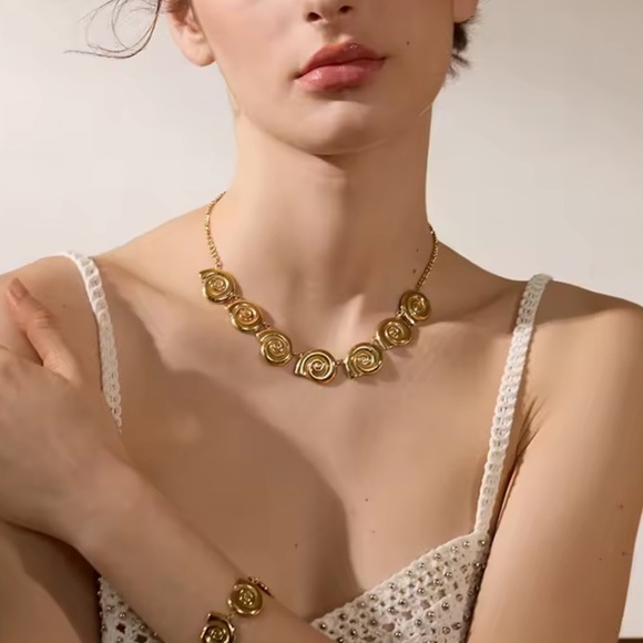 Gold Swirl Statement Necklace – Stainless Steel, Real Gold Plated - Picture 3 of 17